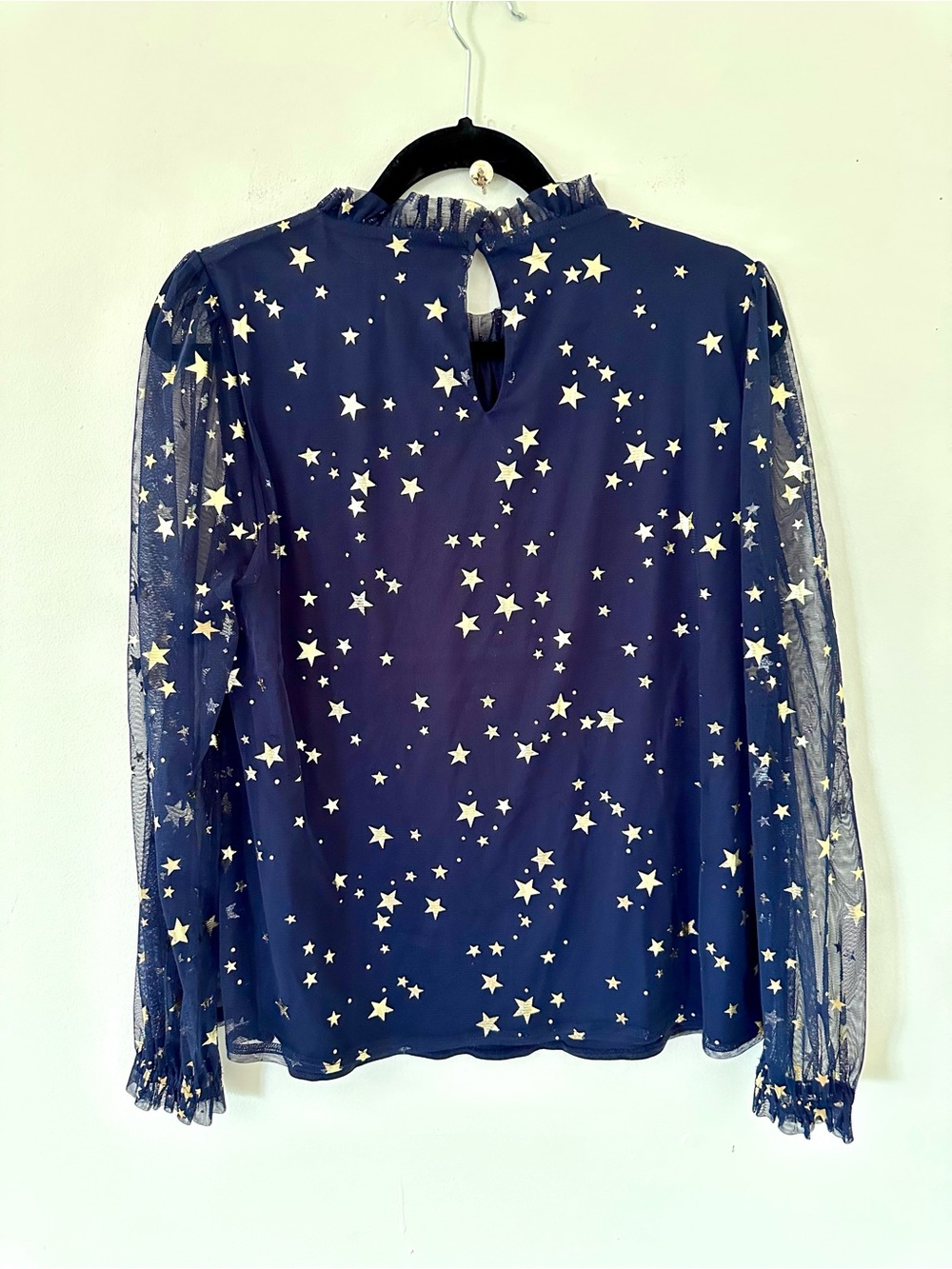 Boden Navy Gold Star Mesh Blouse Sheer Sleeve Ruffle Neck Top US Size 8 - Picture 4 of 8